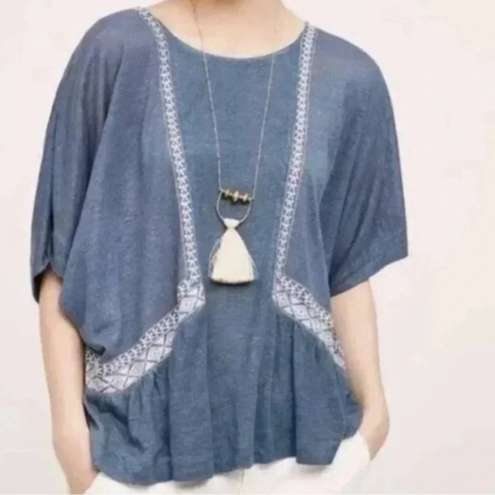 Akemi + Kin Anthropologie Shirt Blue Linen Crop Blouse Size Small - Picture 2 of 8